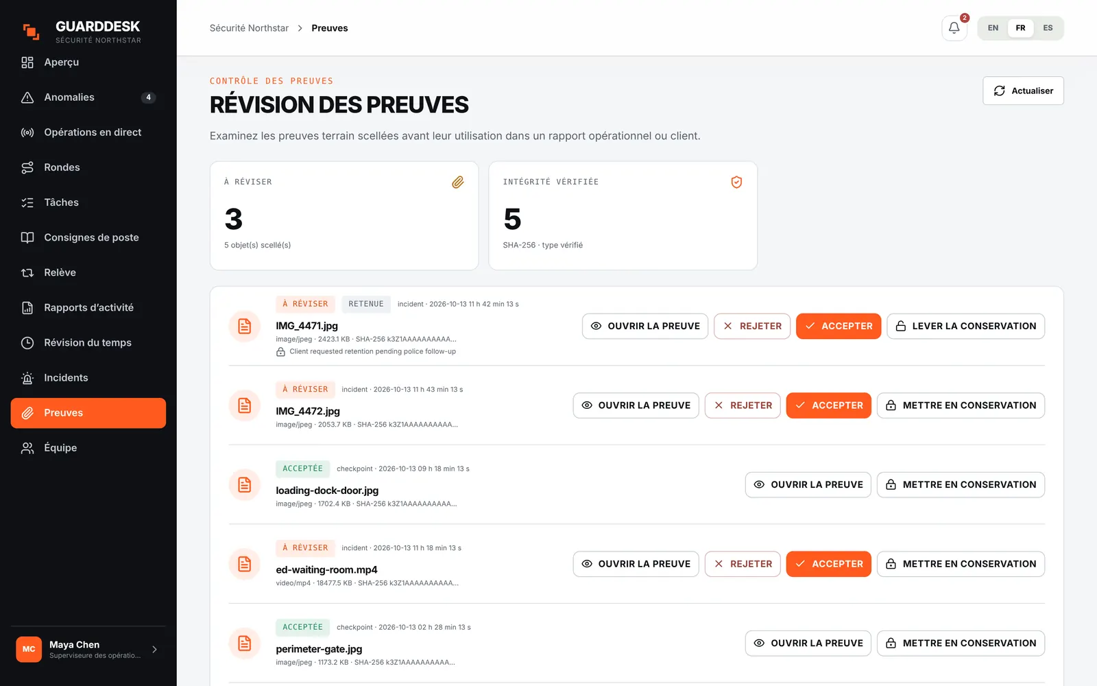 Les preuves scellées, avec leur empreinte et leur journal d’accès.