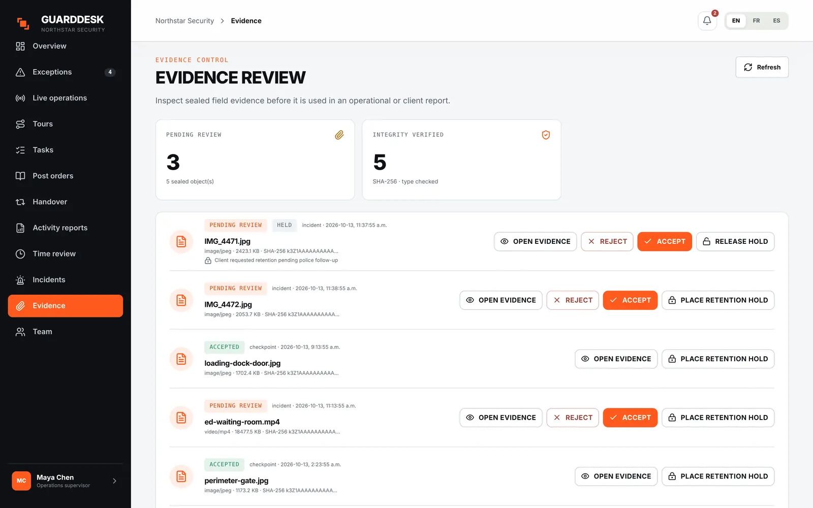 Evidence review: sealed files with their fingerprints, pending review or accepted.