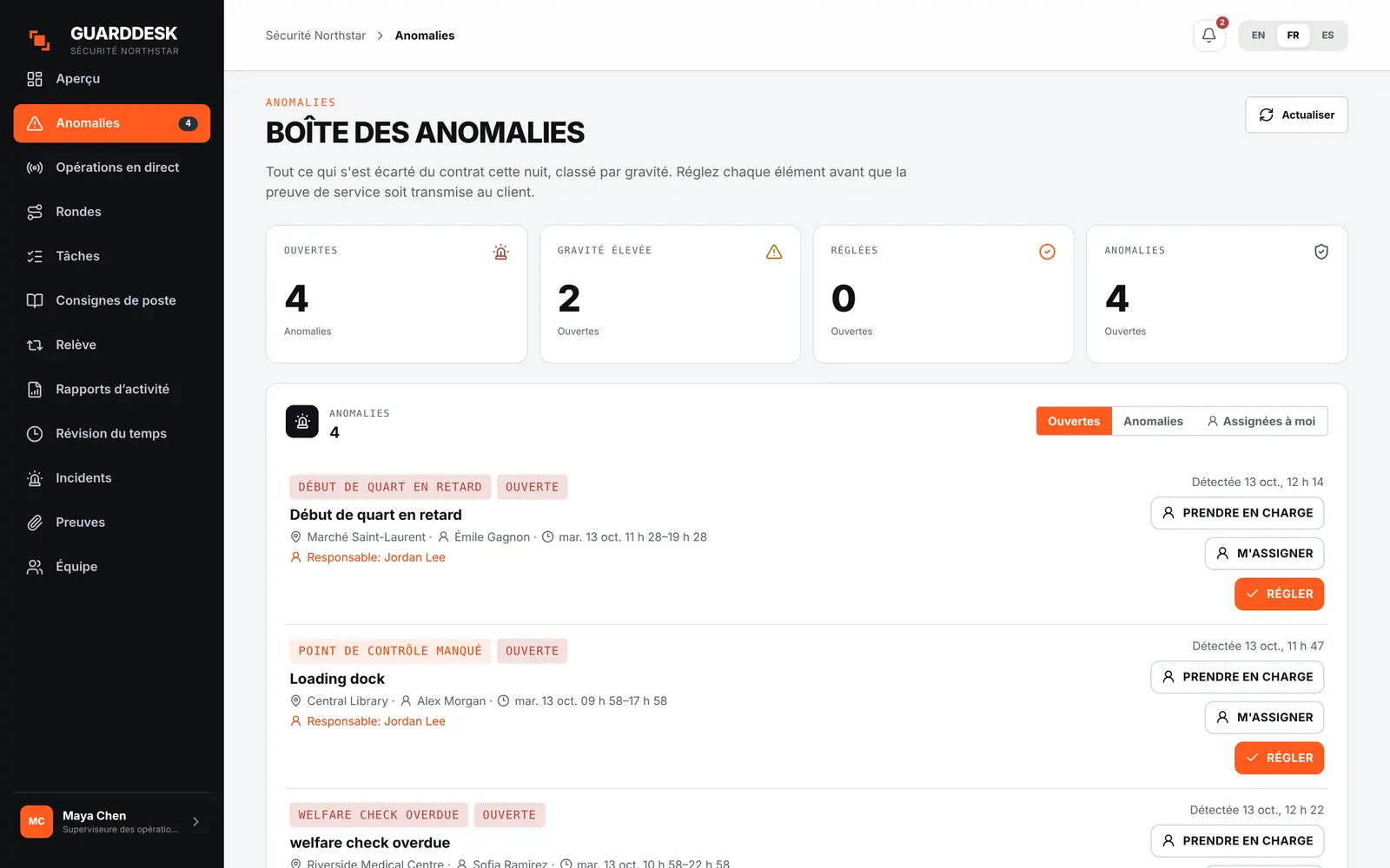 La boîte d’exceptions : un point manqué et une vérification de bien-être en retard, chacun avec un responsable.